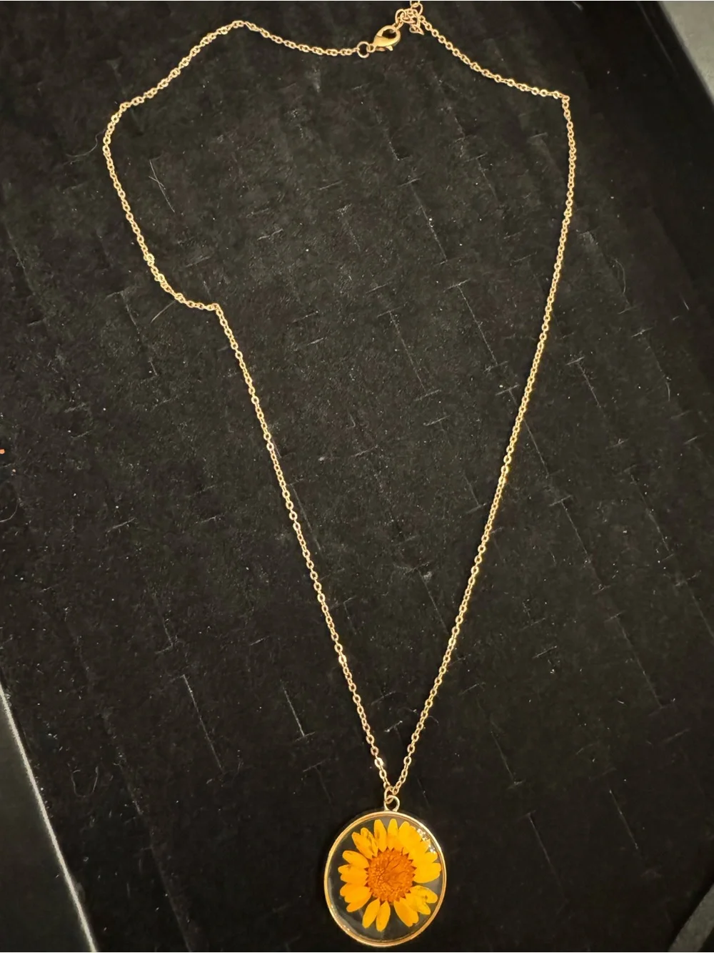 Pressed Real Flower Pendant Necklace Yellow Daisy Gold Tone Resin Botanical Jewe